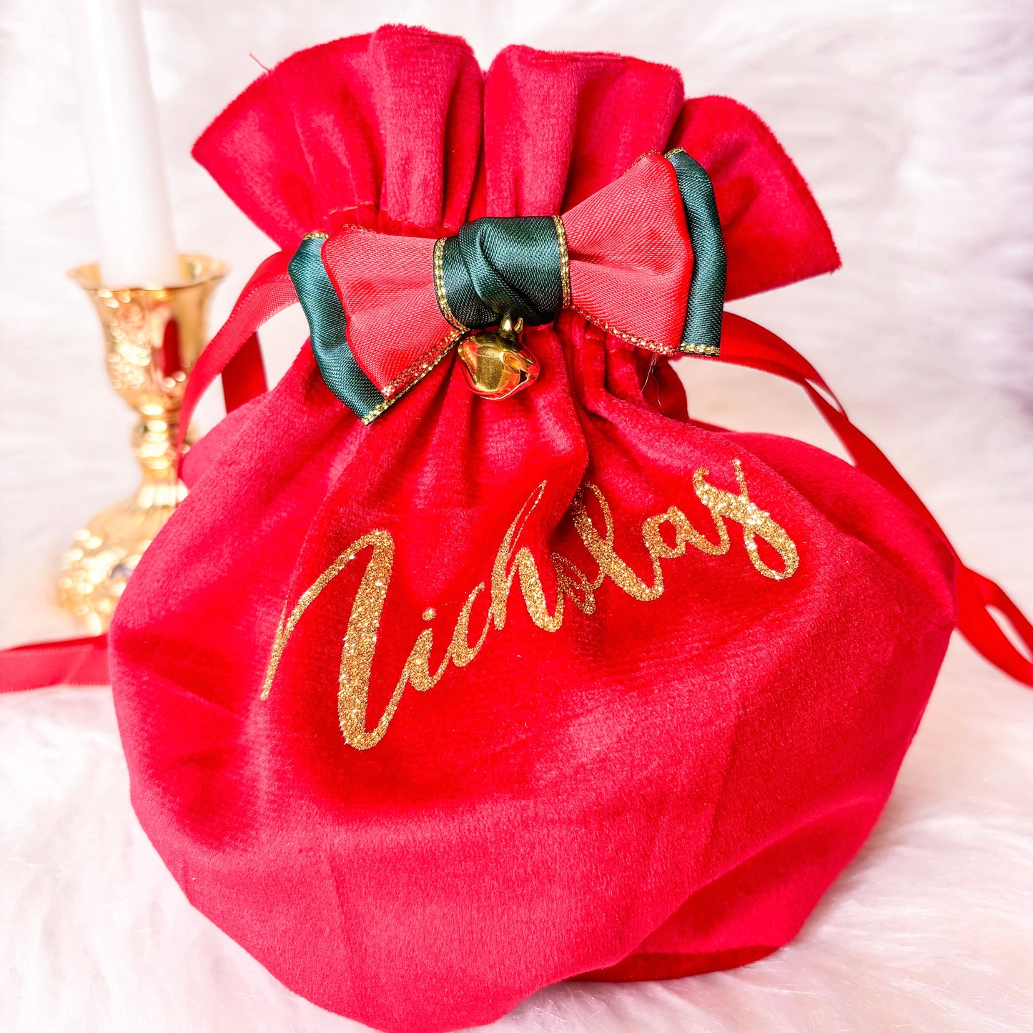 Red Velvet Pouch With Gold Bell | Customisable