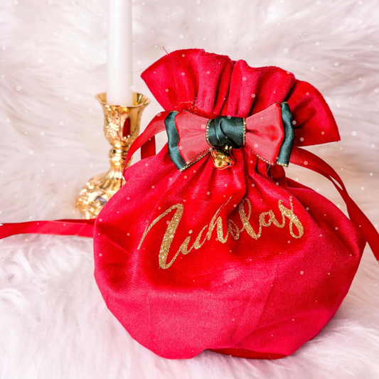 Red Velvet Pouch With Gold Bell | Customisable