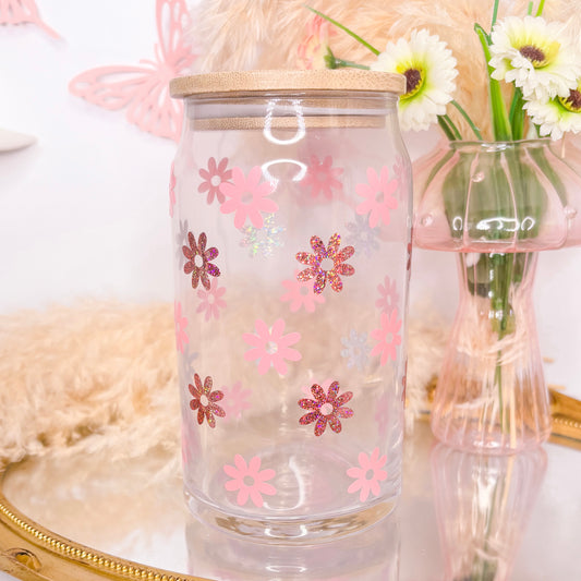 Dainty Daisy 16oz Glass Can | Bamboo Lid | Glass Straw