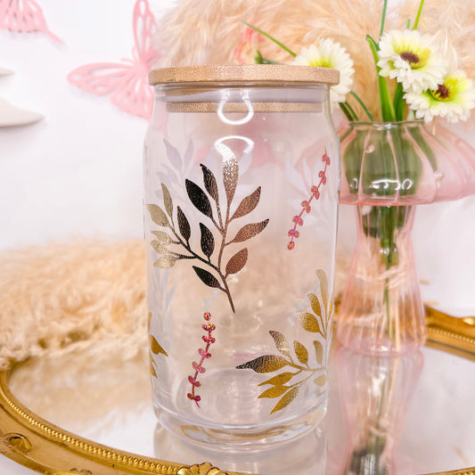 Golden Leaves Glass Can | Bamboo Lid | Glass Straw