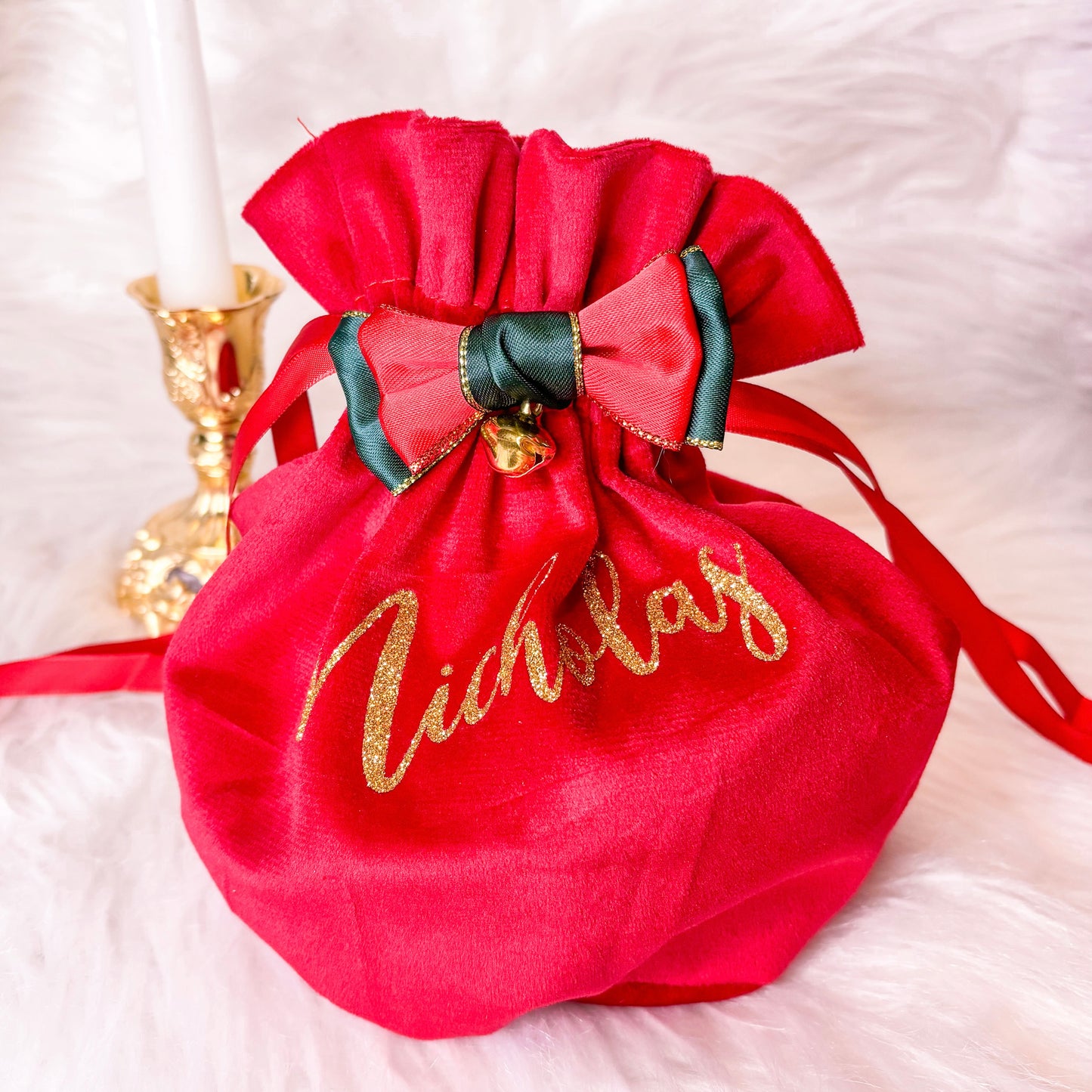 Red Velvet Pouch With Gold Bell | Customisable